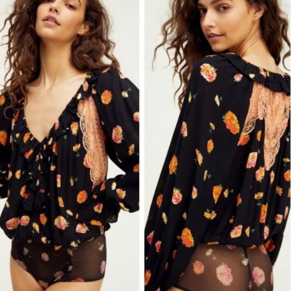 Free People Black Floral Blouse with Lace